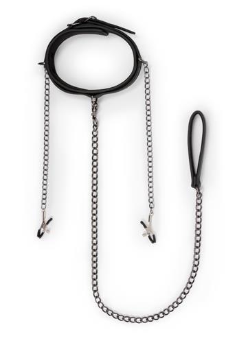 EasyToys Wiązania-Leather Collar With Nipple Chains