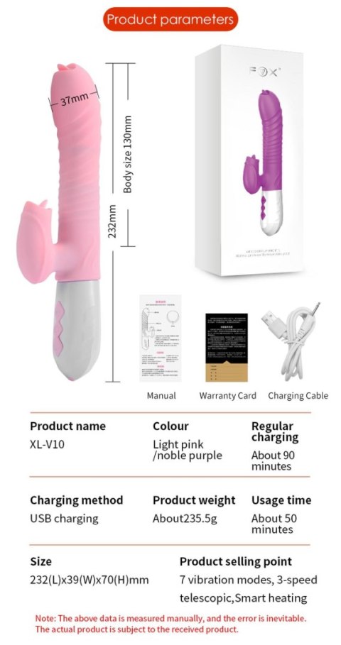 Boss Series Fox Wibrator-Silicone Vibrator USB 7 Function and Thrusting Function / Heating, pink