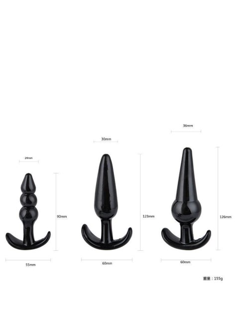 Plug, korek analny-Triple Anal Plug, korek analnys Starter Set- 3-Pack Anal Plug, korek analnys Black