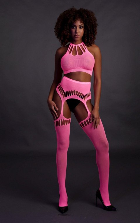 Two Piece with Crop Top and Stockings - Pink - XS/XL