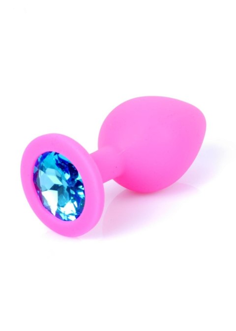 Plug, Korek analny-Jewellery Pink Silicon PLUG Medium- Light Blue Diamond