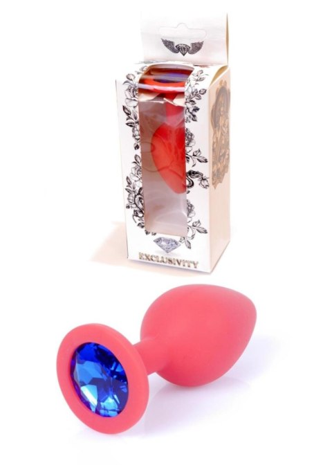 Plug, Korek analny-Jewellery Red Silicon PLUG Medium- Blue Diamond