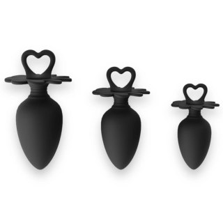 Power Escorts - Heart Plug, korek analny Anal Starter 3-Pack - S, M & L - Black - quality Silicone - Colour box