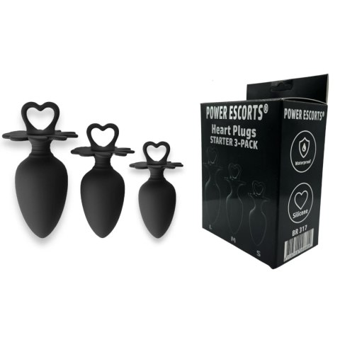 Power Escorts - Heart Plug, korek analny Anal Starter 3-Pack - S, M & L - Black - quality Silicone - Colour box