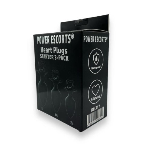 Power Escorts - Heart Plug, korek analny Anal Starter 3-Pack - S, M & L - Black - quality Silicone - Colour box