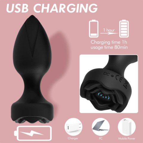 Power Escorts - Princess Plug, korek analny - Remote Rose Design Plug, korek analny - USB Rechargeable - 10 Functions - Black