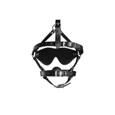 Blindfolded Head Harness with Solid Ball Gag - Black