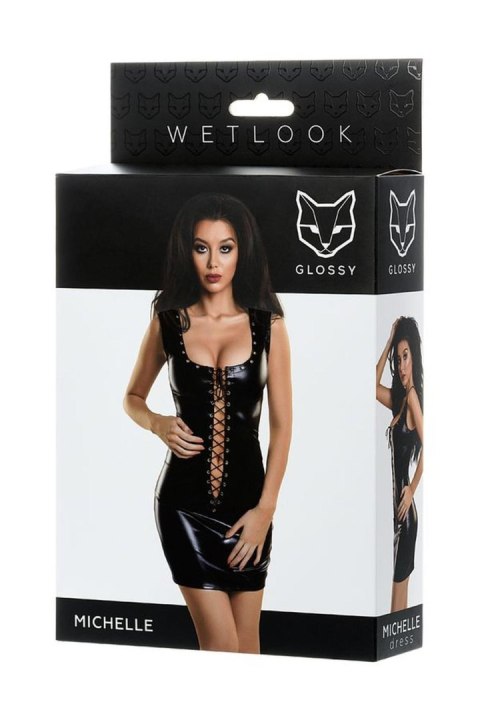 Glossy Shiny Wetlook dress with a lace MICHELLE - black L