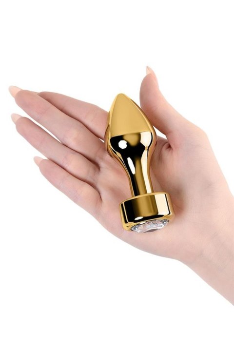 Gold anal plug, korek analny TOYFA Metal with white round-shaped gem , length 7 cm, diameter 2-3,5 cm, weight 140 gr