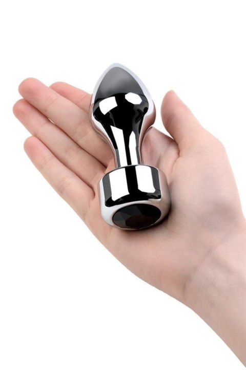 Silver anal plug TOYFA Metal with black round-shaped gem, length 8,2 cm, diameter 2,5-3,8 cm, weight 210 gr