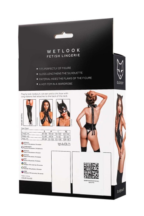 Glossy Kitti, bodysuit and cat ears, wetlook, black, L