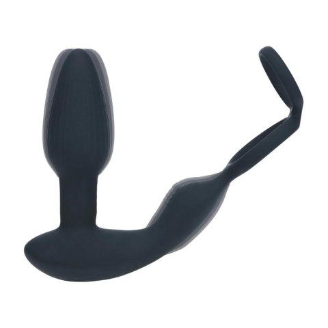 Dual Vibrating Remote Rotating Beads Silicone Prostate Stimulator with Cock and Ball Ring - Black