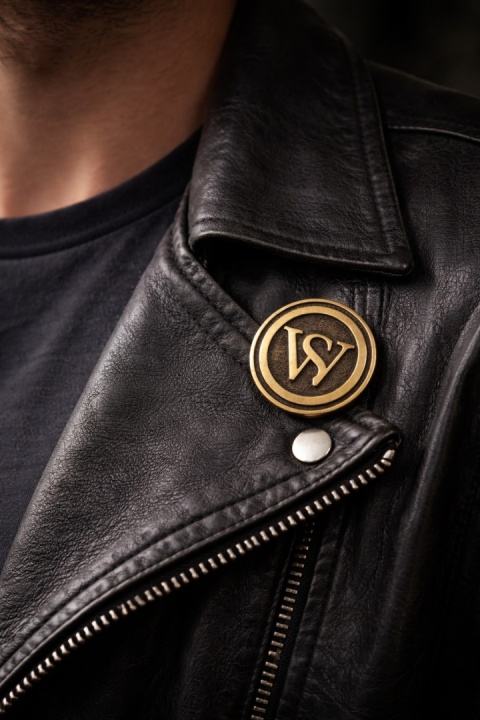 Pins SassyWorld na kurtce skórzanej – złoty emblemat SW