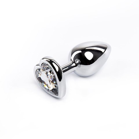 Silver medium heart-shaped butt plug with white crystal