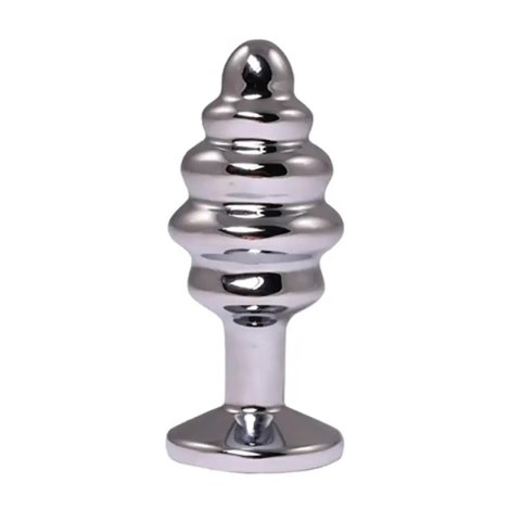 Silver medium ribbed butt plug with white crystal